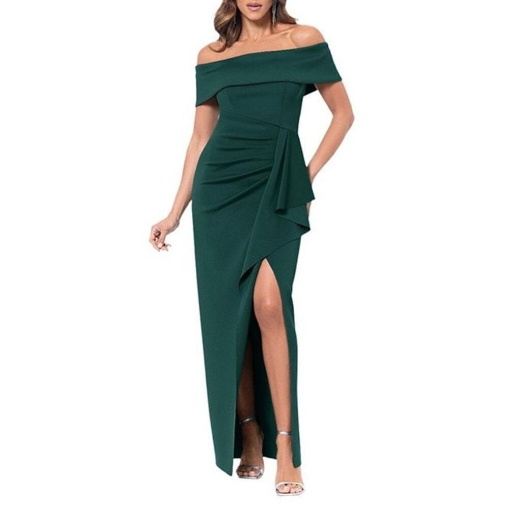 Xscape Off the Shoulder Scuba Crepe Ruched Bodice Ruffle Front Gown 12 NWOT